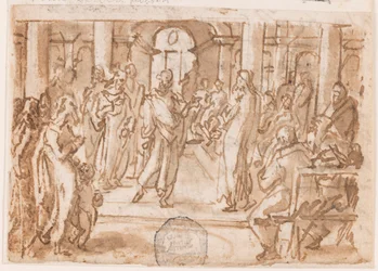 Petrus en Johannes ondervraagd door de Hoge Raad, voorlopige ontwerp voor "Spiritus Scientiae" (De Geest van Wetenschap), plaat 5 in de "Zeven Gaven van de Heilige Geest" prentserie