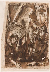 Recto: Judith met het hoofd van Holofernes; Verso, links: Judith met het hoofd van Holofernes; Verso, rechts: voorlopig ontwerp voor titelpagina voor prentenserie van De Zeven Deugden