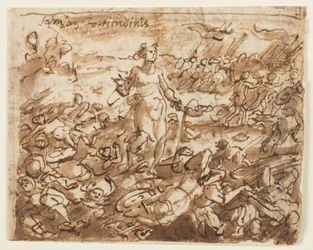 Recto: Simson, na het verslaan van de Filistijnen, drinkt water uit de kaak van een ezel, voorlopige ontwerp voor "Spiritus Fortitudines" (De Geest van Kracht), plaat 4 in de "Zeven Gaven van de Heilige Geest" prentserie. Verso: verduisterde inscriptie