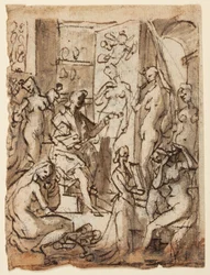 Recto: Zeuxis schildert Helena; Verso: Studies van figuren voor een illustratie van de achtste cirkel, tiende bolgia van Dante