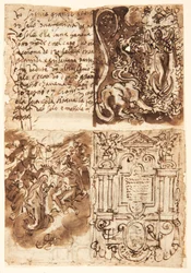 Recto, linksboven: passage over de Vrouw van de Apocalyps uit het Boek Openbaring; recto, rechtsboven: Vrouw van de Apocalyps; recto, linksonder: frontispice voor een prentenreeks over het Leven van de Maagd; recto, rechtsonder: Kroning van de Maagd