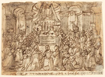 Schetsboekpagina met Communie in de Kerk en Thuis