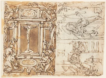 Schetsboekpagina; Monument van Marcus Aurelius Antonius met zoon; Studie voor een gravure