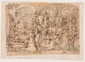 De uitvinding van buskruit, ontwerp voor "Pulvis Pyrius," pl. 3 in de Nova Reperta (Nieuwe uitvindingen van moderne tijden) prentserie