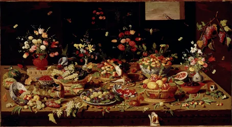 Stilleven met fruit en bloemen Tafel bedekt met schalen met vijgen, pruimen, granaatappels, druiven, perziken. Koper Schilderij door Jan Van Kessel (1626-1679) Galleria Doria Pamphilj, Rome