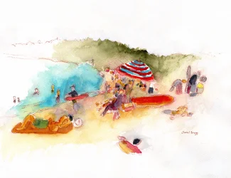 Strandzonaanbidders en surfers in Hanalei Bay, ca. 2019