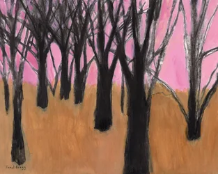 Landschap met zwarte bomen en roze lucht, 2023