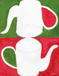Theepot Yin Yang in Roze en Groen, ca 2025 (aquarel op papier)
