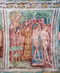 Hrastovlje versterkte kerk, Drievuldigheidskerk, Adam en Eva verdreven uit het Paradijs (1490) (detail)