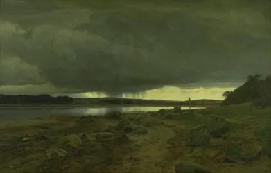 Een regenachtig landschap. Kalø Vig, Jutland