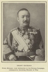 Graaf Katsura, Premier; verwierf onderscheiding in de Chinese Campagne en werd later Minister van Oorlog