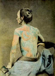 Japanse man met traditionele Irezumi-tatoeages, ca. 1890