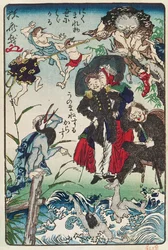 Karikatuur van Japanners in westerse kleding, ca. 1870
