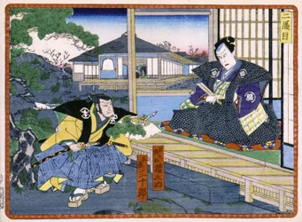 Gesprek tussen een samoerai en een Japanse edelman - in De wraak van de 47 ronins 19e eeuw: Kabuki-serie