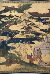 Detail van Lente in het Paleis, zesdelig scherm uit Het Verhaal van Genji, c.1650 (inkt, kleuren & goud op papier)