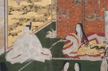Detail van Lente in het Paleis, zesdelig scherm uit Het Verhaal van Genji, c.1650 (inkt, kleuren & goud op papier)