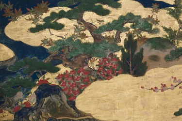 Detail van Lente in het Paleis, zesdelig scherm uit Het Verhaal van Genji, c.1650 (inkt, kleuren & goud op papier)