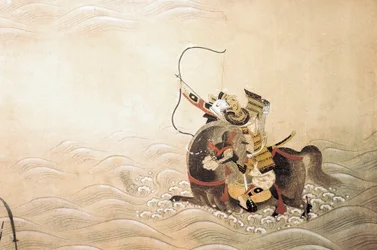Episode van de Genpei (Gen Pei) Oorlog (1180-1185): een samoerai gewapend met een boog en te paard steekt een rivier over bij een doorwaadbare plaats. Japanse kunst van de Tosa-school