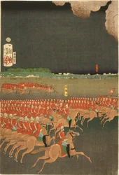 Franse en Britse troepen bezig met militaire trainingsmanoeuvres, Yokohama, Japan. Britse cavalerieoefening. Deel van drieluik door Taiso Yoshitoshi (1839-1892) Japanse Ukiyo-e kunstenaar. Paard