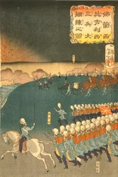 Franse en Britse troepen bezig met militaire trainingsmanoeuvres, Yokohama, Japan. Deel van drieluik door Taiso Yoshitoshi (1839-1892) Japanse ukiyo-e kunstenaar. Infanterie Veldartillerie Kanon