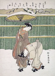 Japanse geliefden wandelen in de sneeuw, gepubliceerd ca. 1768