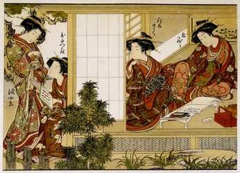 Japanse vrouwen die schrijven en lezen. 18e-eeuwse prent.