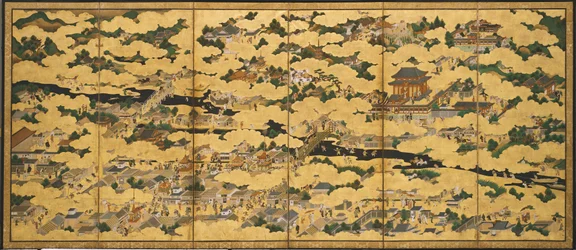 Rakuchu rakugai zu (Taferelen in en rond
de hoofdstad), tweede helft 17e eeuw (Inkt, kleur en goud op papier)