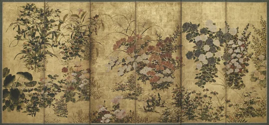 Zomer- en herfstbloemen, Edo-periode, 1615-68 (kleur over goudpapier)