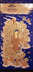 De Amida Boeddha daalt neer uit de hemel, het is de Japanse naam van de Amitabha Boeddha. Schilderij van de Yamato School - E van de 16e eeuw. Genua, Museo Chiossone.