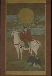Het Vertrek uit Kashima (Godheid van de Kasuga uit), laat 14e eeuw (hangende rol: inkt, kleur en goud op zijde)