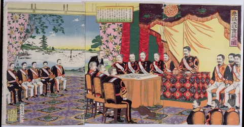 Keizer Mutsuhito (1852-1912) houdt een krijgsraad, een episode uit de Chinees-Japanse oorlog, eind 19e eeuw