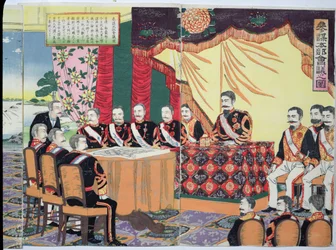 Keizer Mutsuhito (1852-1912) houdt een krijgsraad, een episode uit de Chinees-Japanse oorlog, eind 19e eeuw