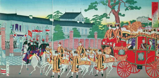Keizer Mutsuhito (1852-1912) keert terug naar zijn paleis in Tokio, eind 19e eeuw