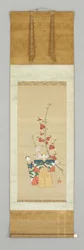 Twee Japanse poppen en een bloeiende tak, late 18e eeuw