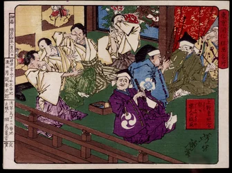 Ueno-Toshogu (Ueno Toshogu), de muzikant die pete - Japanse prent door Tsunajima Kamekichi