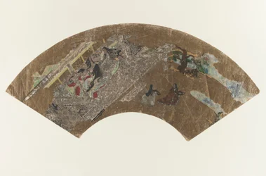 Untitled - waaiervormige schilderij van dames die in een paviljoen zitten en een spel spelen, 1603-1868