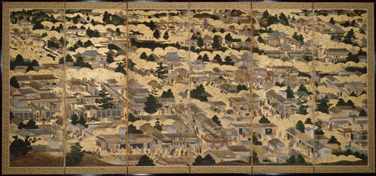 Gezicht in en rond Kyoto (Rakuchu rakugai zu), ca.1616-24 (inkt, kleur  bladgoud op papier)