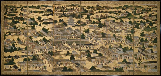 Gezicht in en rond Kyoto (Rakuchu rakugai zu), ca.1616-24 (inkt, kleur  bladgoud op papier)