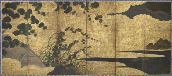 Wijnstokken, hut, grassen en kustvogels, Momoyama-periode, 1568-1615