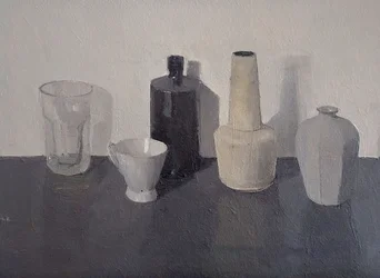 Stilleven met vijf objecten, 2024 (olieverf op papier)