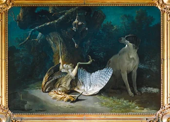 Butor et perdrix gardes par un chien blanc - Roerdomp en patrijs gardes par un chien blanc ...