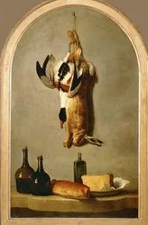 Stilleven met dode haas, eend, flessen, brood en kaas ...