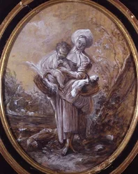 Vrouw met kind in een landschap (tekening)