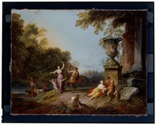 Nimfen en saters in een rivierlandschap