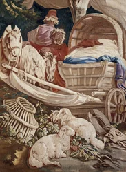 Het buitenbanket, gordijn Russische spelen, detail van de tent en personages