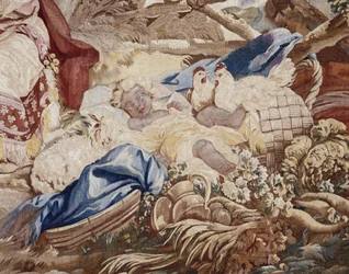 Het buitenbanket, gordijn Russische spelen, detail van de tent en personages