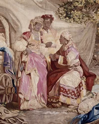 Het buitenbanket, gordijn Russische spelen, detail van de tent en personages