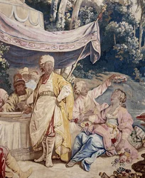 Het buitenbanket, gordijn Russische spelen, detail van de tent en personages