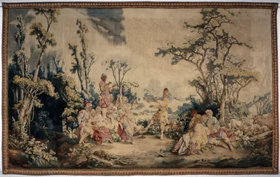 Het buitenbanket, gordijn Russische spelen, detail van de tent en personages