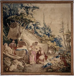 Het buitenbanket, gordijn Russische spelen, detail van de tent en personages